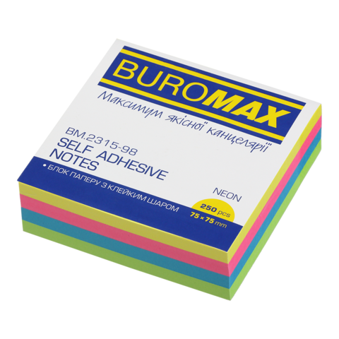 Блок для нотаток з клейким шаром 75х75 мм, 250 аркушів, неон, BM.2315-98 BUROMAX